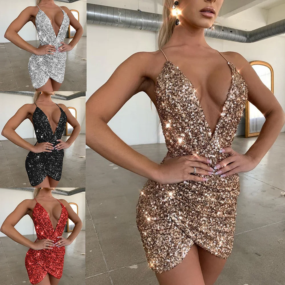 

New Sexy V-Neck Hip Backless Irregular Sequins Dress Women Sparkle Bodycon Short Mini Dress Evening Party Wrap Hip Package Dress