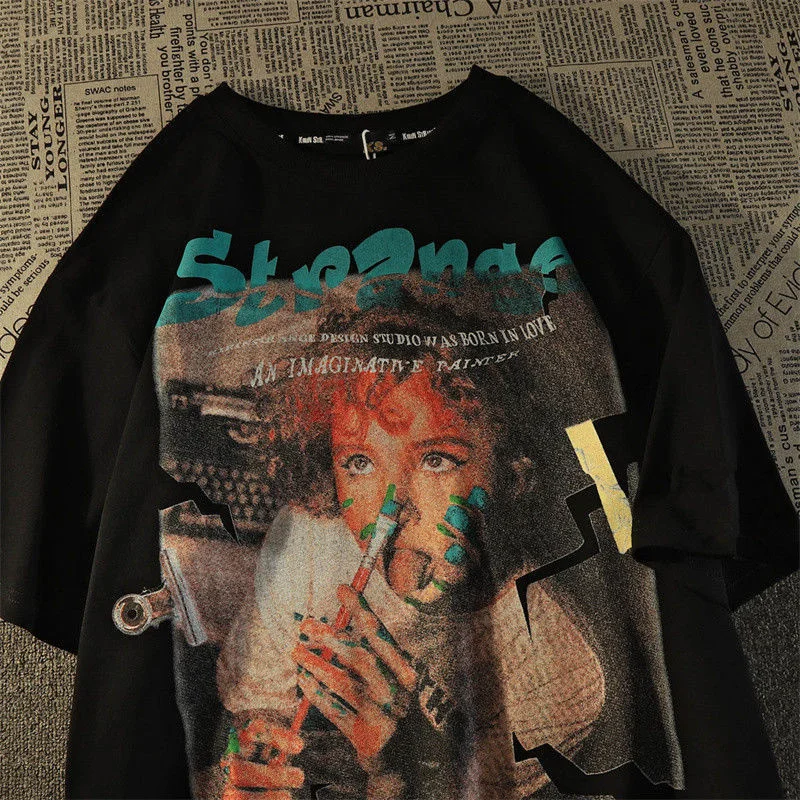 

Summer New European And American High Street T-shirt Men's Hiphop Print Short Sleeve Women's Loose Style Large Modis Helloween