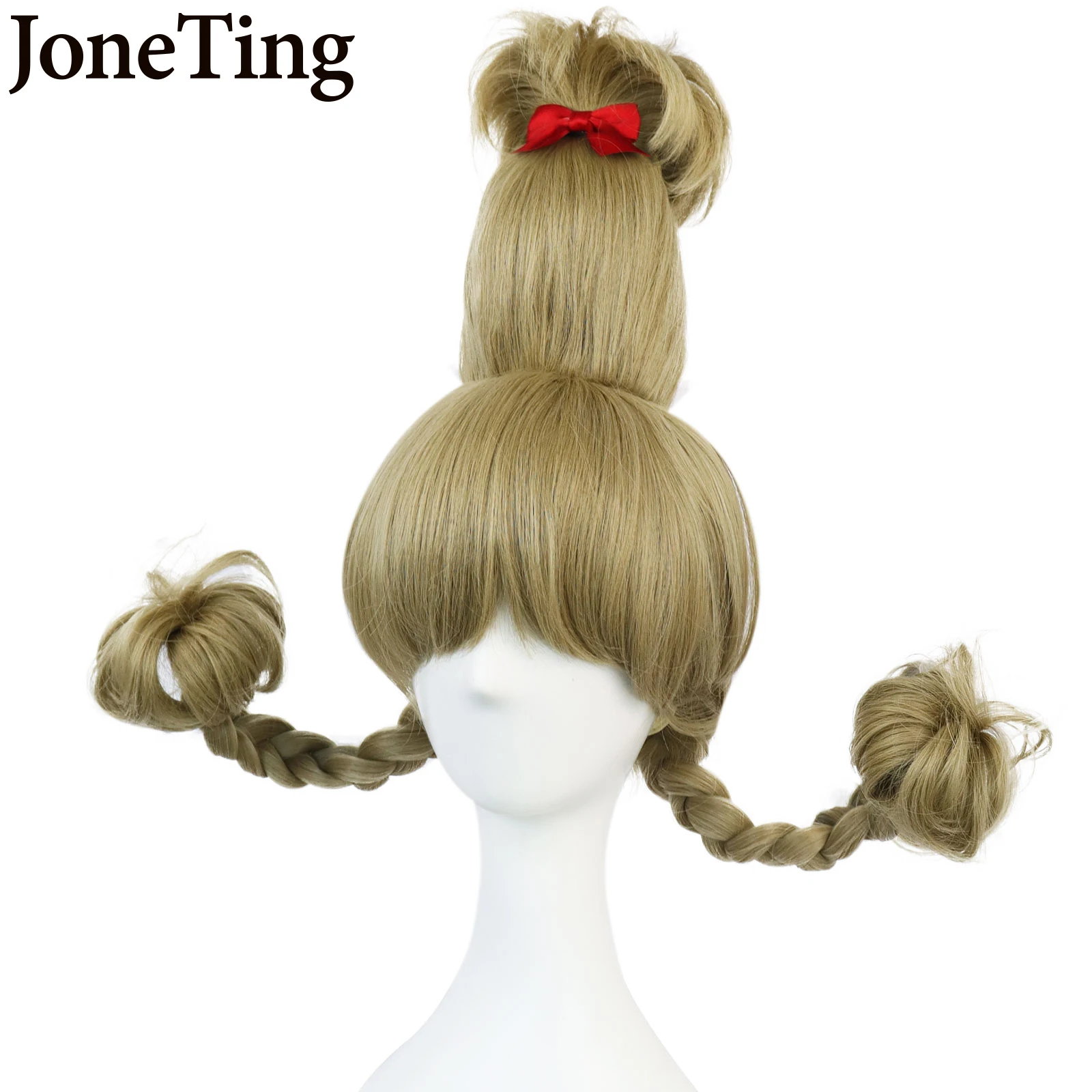 JoneTing Synthetic Green Pigtail Cosplay Wig with Bangs Red butterfly Hair Clips The Grinch Green Monster For Halloween costume