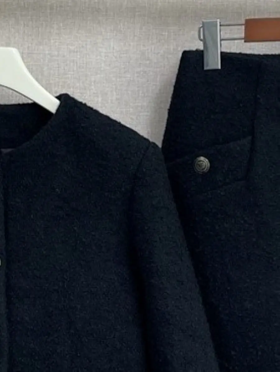 

Women Tweed Set O-Neck Long Sleeve Single Breasted Jacket or A-Line High Waist Mini Skirt