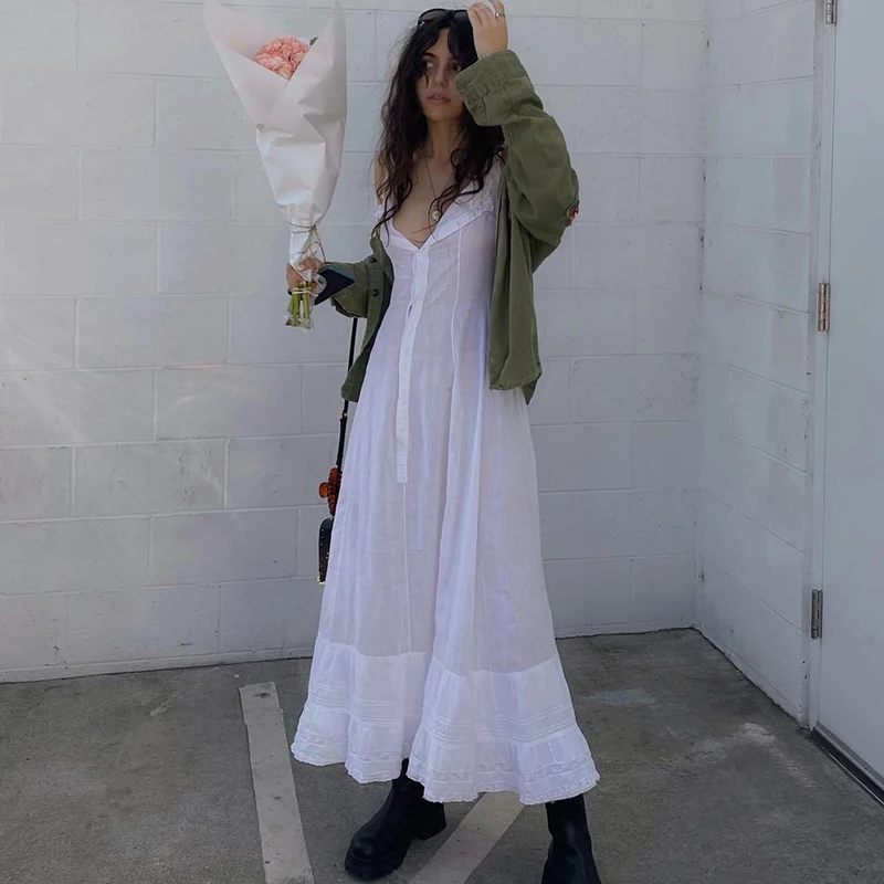 

Y2K Vintage Lace Ruffles A-line Dress French Romance Fairycore White Long Dress Elegant Lacy Chic Button Grunge Sundress Prom