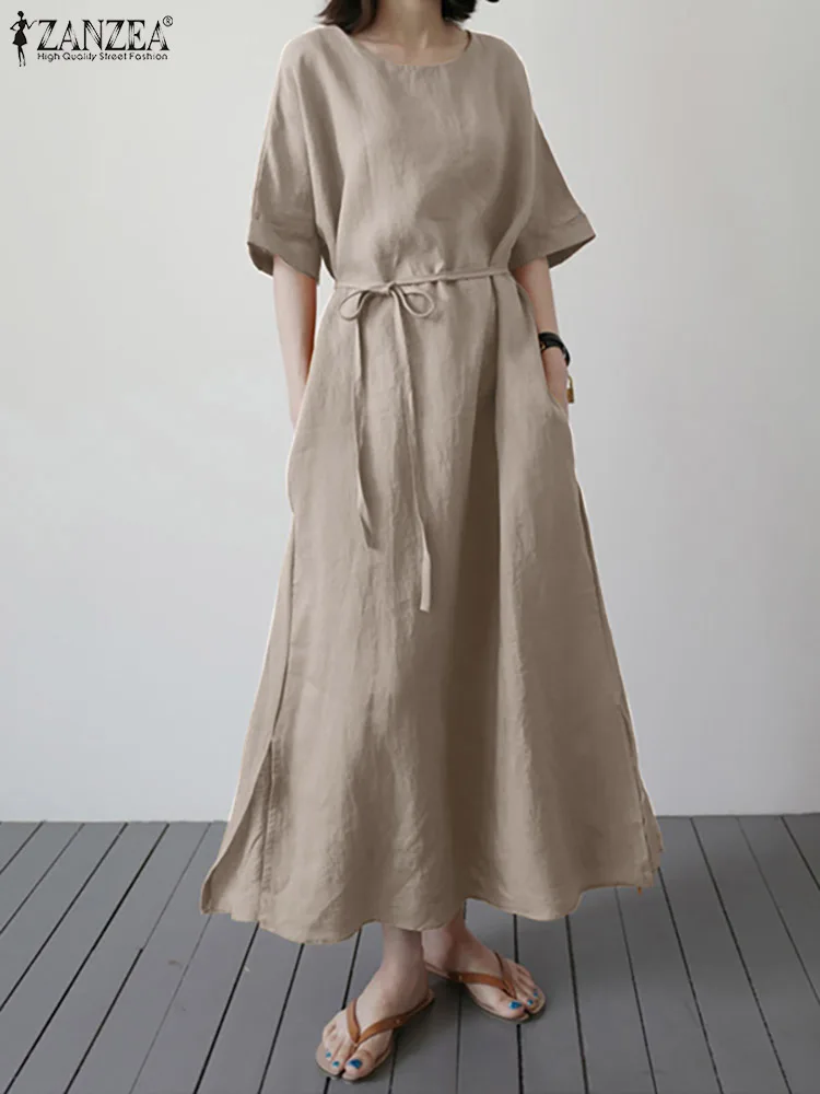 

Платье ZANZEA женское хлопковое с коротким рукавом, Модный элегантный офисный свободный сарафан, ТРАПЕЦИЕВИДНОЕ, с круглым вырезом, лето 2022