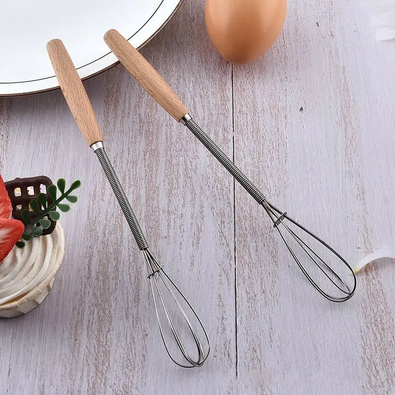 New Wooden Handle Stainless Steel Egg Beater Light Luxury Style Japanese Manual Baking Dessert Mixer Kitchen Tools