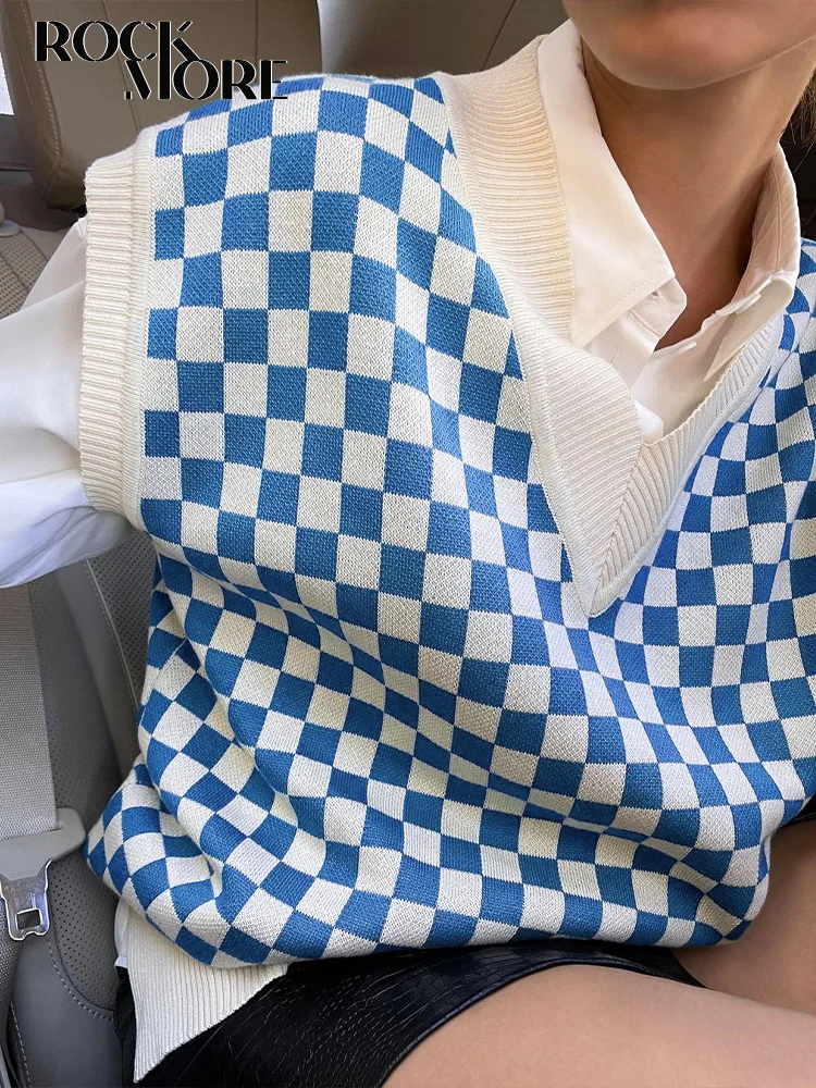 

Rockmore Checkboard Knit Waistcoat Y2K Women Sleeveless Sweater Vest Korean V Neck Pullover Top Street Knitwear Preppy Style