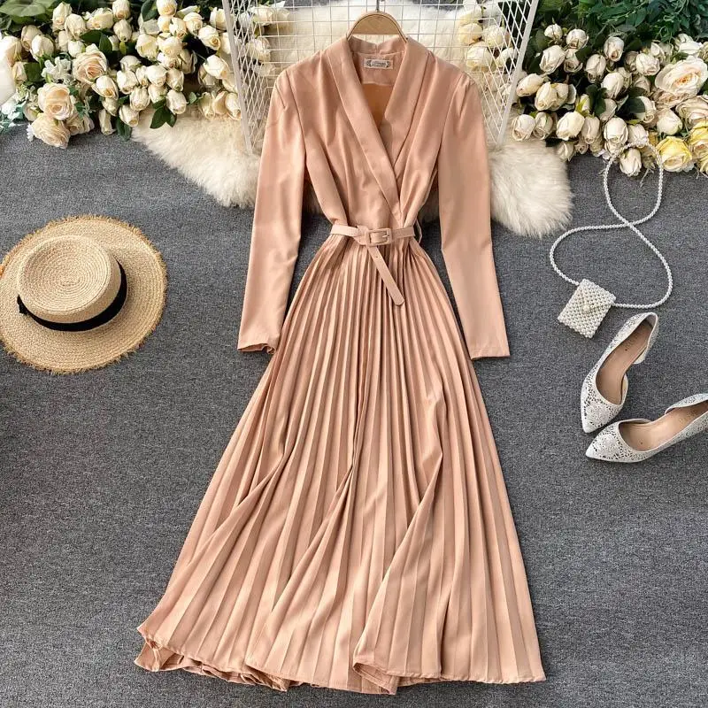

2022 Spring Autumn Solid Color Notched Collar Office Long Sleeve Dress Women Casual Belt A Line Pleated Long Dresses Vestidos