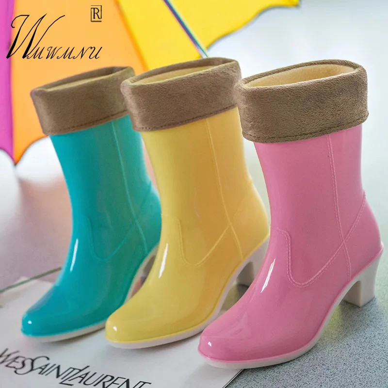 

Jelly PVC Non-Slip Rubber Rain Boots Winter Warm Short Plush Water Shoes Fashion Slip On Casual Square Heel Comfort Work Boots