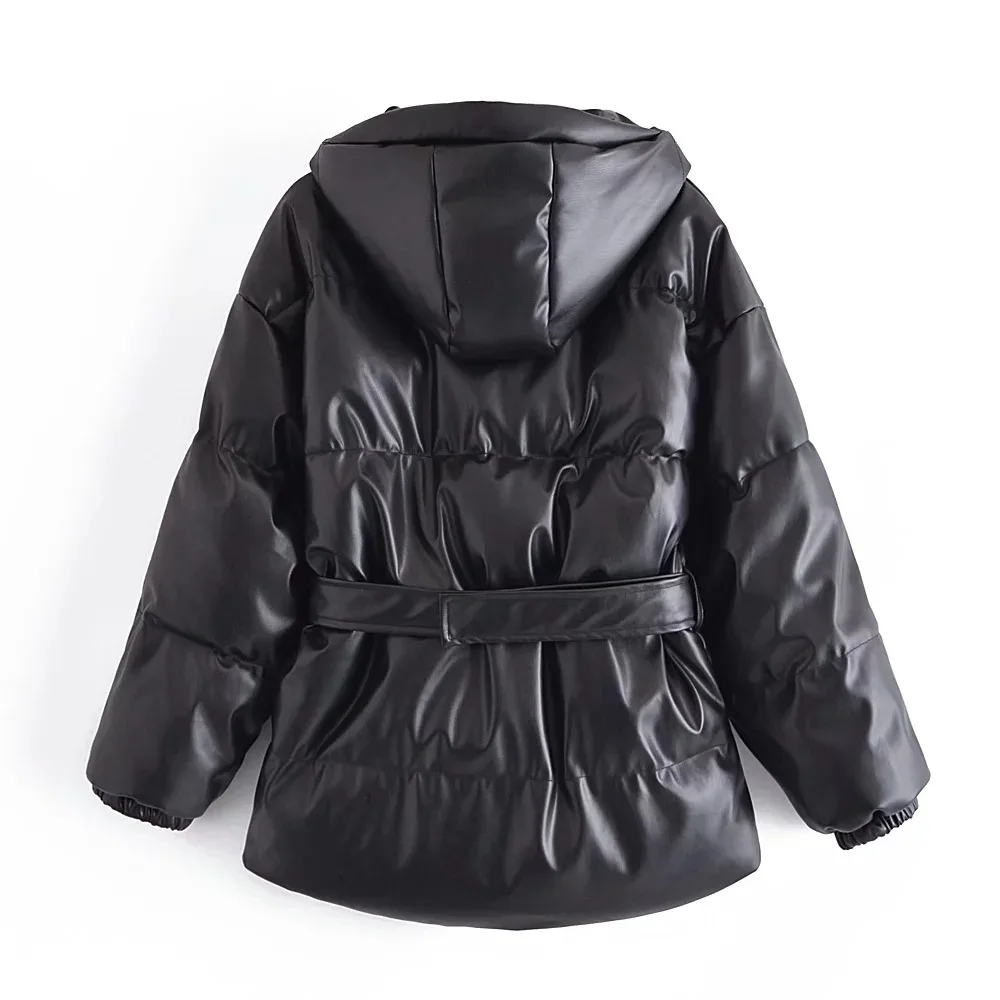 MOLAN Winter Woman Leather Padded Coat Black Warm Loose Pockets Hodded High Streeet Jacket Female Chic Outwear Top