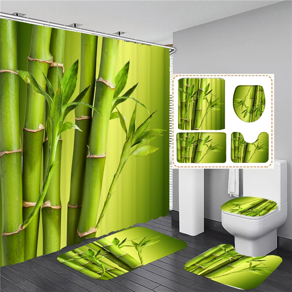 

Green Bamboo Plant Print Shower Curtain Set with Rug Anti-slip Carpet Bathtub Toilet Screen Waterproof Bathroom Decor with Hooks
