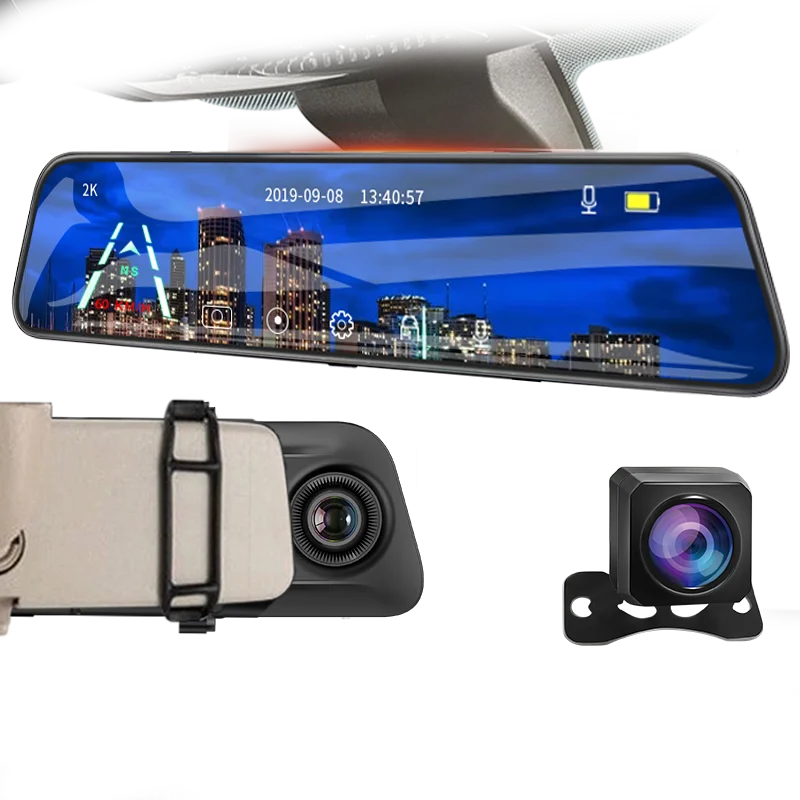 E-ACE 2K Stream Media Dash Camera Mirror 12'' Touch Car DVR 1440P Video Recorder Support GPS 1080P Rear View Camera Night Vision