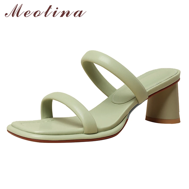 

Meotina Women Genuine Leather Sandals Square Toe High Heel Slides Thick Heels Fashion Ladies Slippers Summer Purple Green Beige