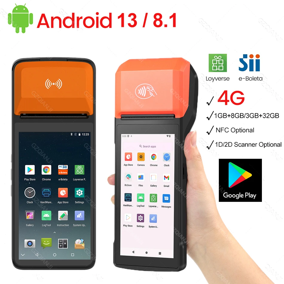 

4G Android 13/8,1 Pos-терминал, беспроводные ручные принтеры 1D 2D, сканер, фридер, встроенный 58 мм, чековый терминал