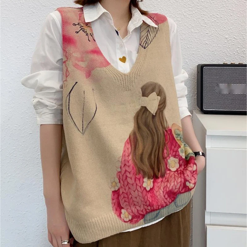 

Knitted Vest Women Fashion Casual Cute print Sweater Tops Male Autumn Winter V Neck Sleeveless Ladies Pullover Vests