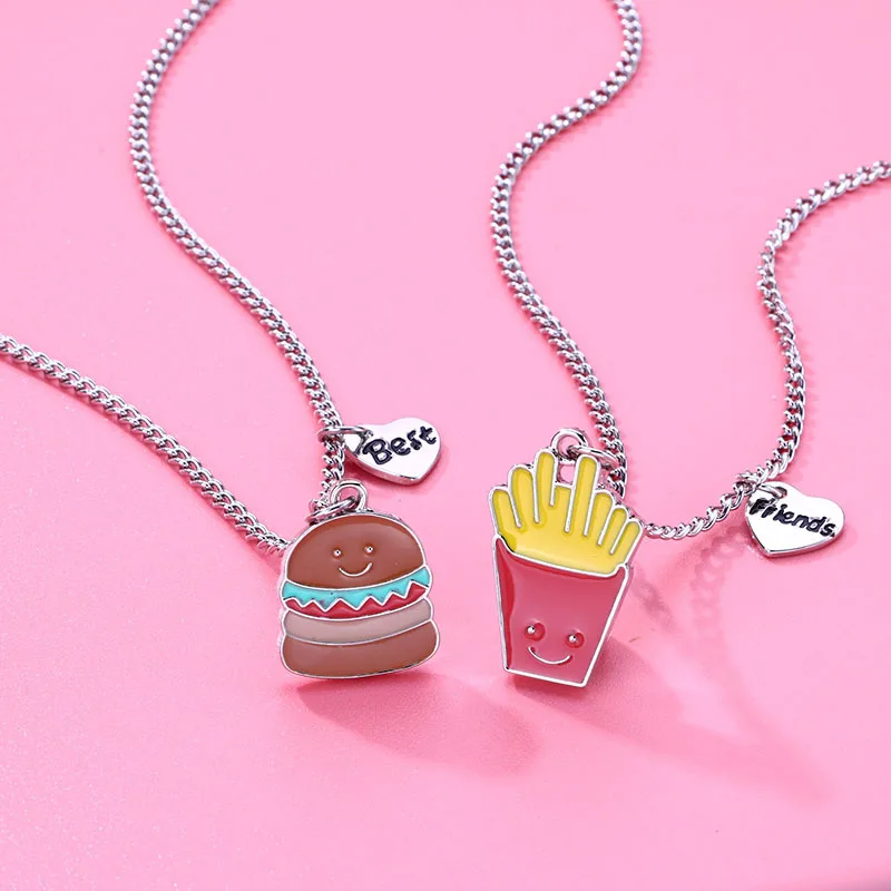 

Hot Sale New Hamburger Fries Cartoon Children's Necklace BEST Good Friend Alloy Drip Oil Set Pendant Wholesale