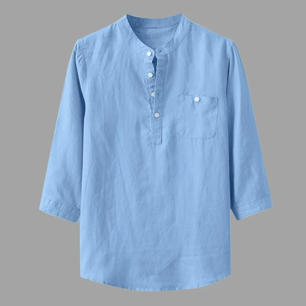 

2023 Men'S Loose Fitting Cotton Linen Solid Color Shirt, Fashionable Men'S Three-Quarter Sleeve Pocket Standing Collar Shirt