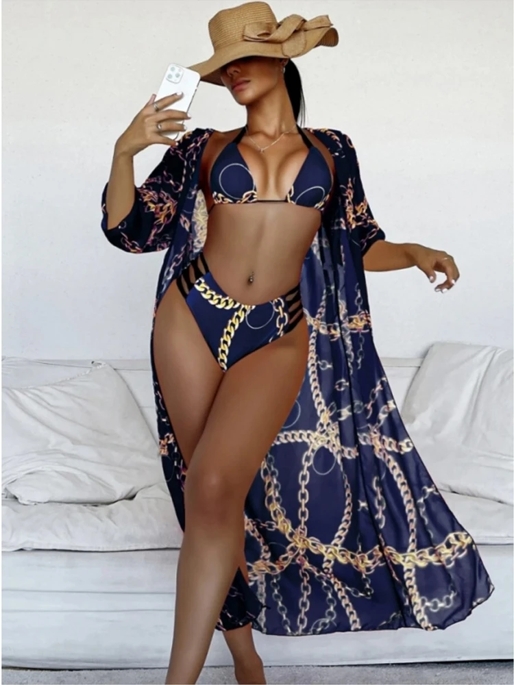 

Комплект бикини из 3 предметов с накидкой, купальник 2022, женский купальный костюм с длинным рукавом и принтом, пляжная одежда, бикини с высок...