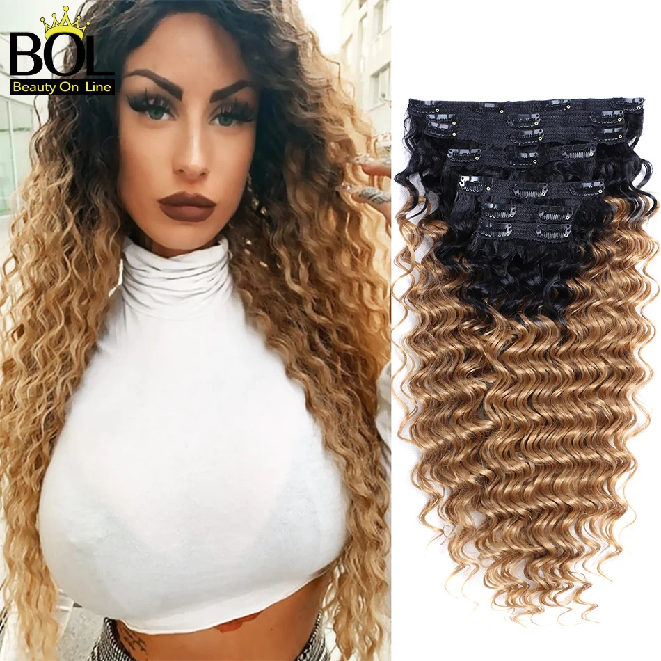 BOL Deep Wave Synthetic Curly Clip in Hair Extension Highlighted Caramel Blonde Ombre Hair Extensions Clip in Hair For Women