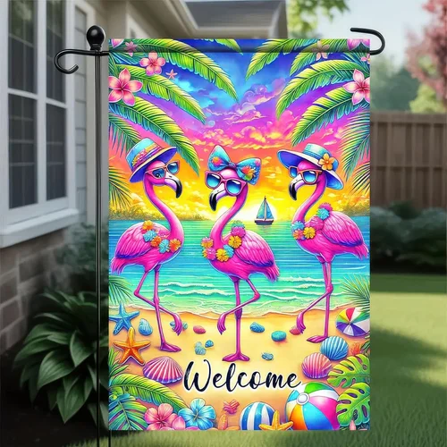Фото Флаг для сада Welcome Flamingo Summer Garden, 12X18, двусторонний, с тропическими листьями, для улицы D TTP AAL HHM WZZ №1