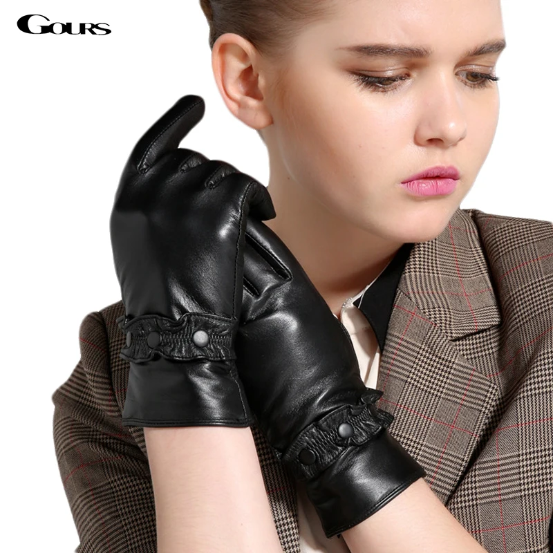 

GOURS Women's Winter Real Leather Gloves Fashion New Brand Black Genuine Goatskin Finger Gloves Warm Mittens New Hot Sale GSL034