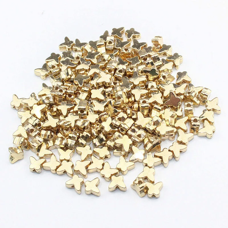 Lot de 100 perles papillon en plastique plaqué or et argent, 5x6mm, pour la fabrication de bijoux, Bracelets et colliers
