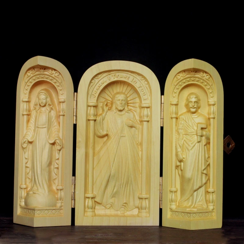 

Три открытых коробки с католическими реликвами, деревянная резьба, коробка с орнаментом, подарок для христианских Иисуса, мамы, Мэри, фигурк...
