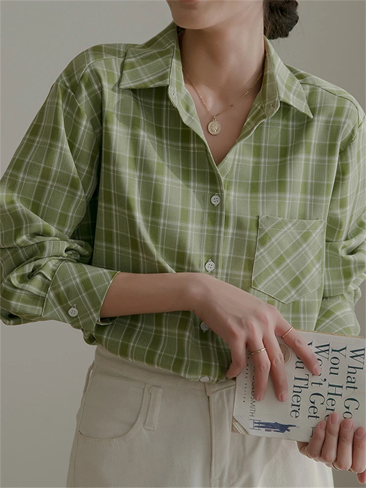 

Женская блузка, женская рубашка, летние женские блузки, весенние блузы, повседневные Элегантные винтажные хлопковые свободные клетчатые блузки оверсайз с длинным рукавом