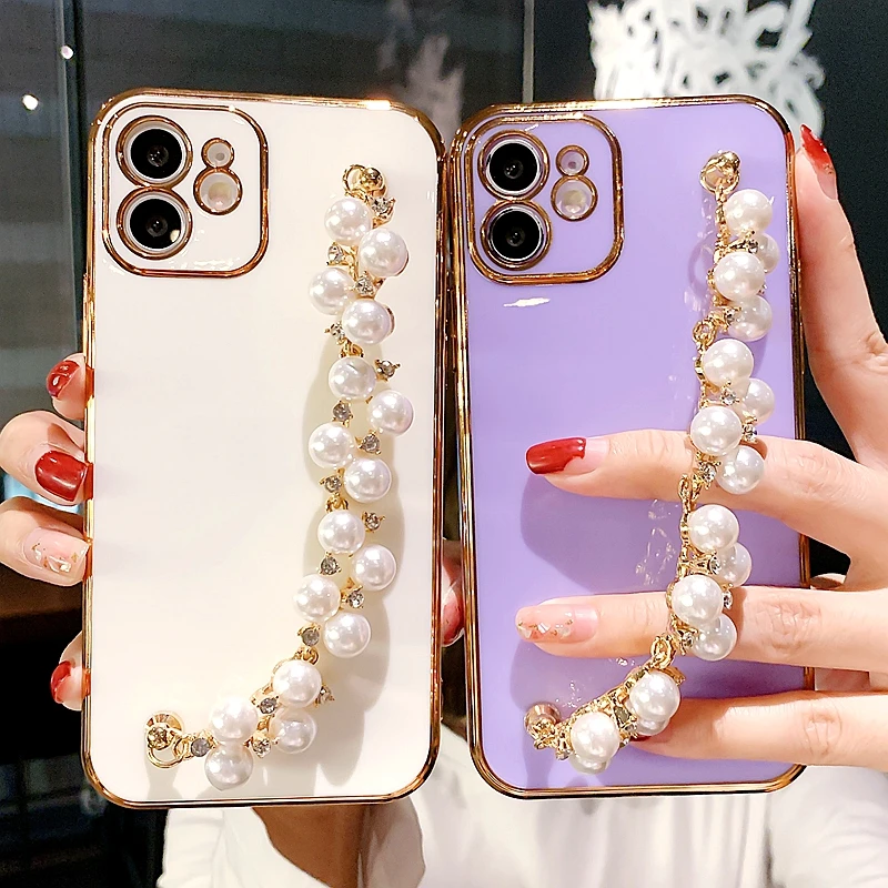 

Soft Pearl Bracelet Phone Case For iPhone 11 12 13 Pro Max XS X XR 7 8 Plus Mini SE 2020 Electroplated Bumper Back Cover