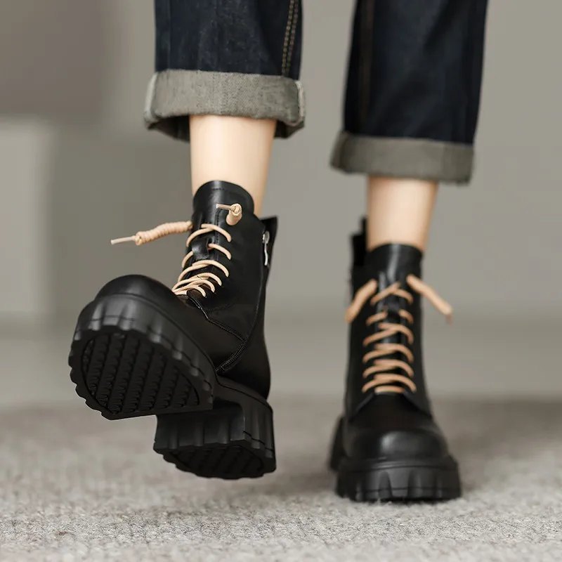 Vintage Thick Soled Boots Women's Brand Side Zipper Height Increasing Boot Chunky Heel Single Booties  Boots Women