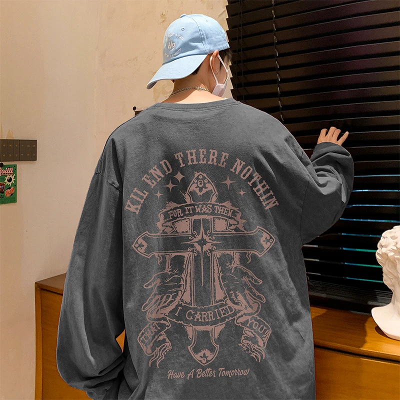 

Качественная Хлопковая мужская мешковатая футболка с длинными рукавами в стиле ретро с изображением американского батика, уличная Готическая футболка, мужская одежда