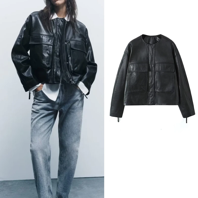 

Утепленная кожаная зимняя куртка, женское Новое шикарное Прямое пальто с большими карманами, модное элегантное черное молодежное пальто Joker, 2023