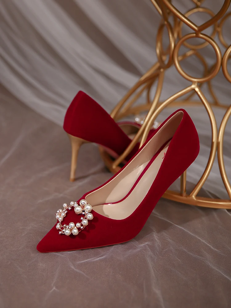 Wedding Shoes 2021 New Wine Red Pearl High Heels Women's Wedding Shoes Bride's Shoes Wedding Dress Red Shoes