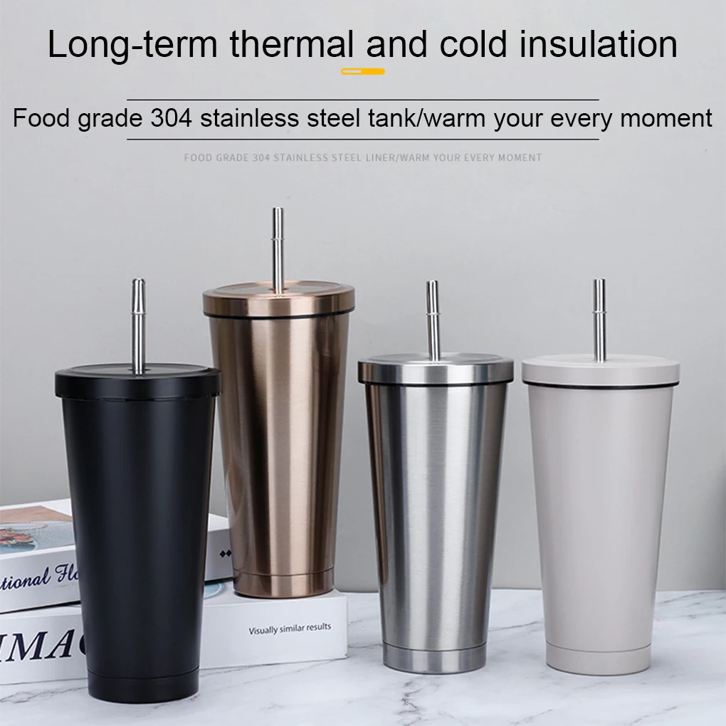 

500ml Stainless Steel Coffee Cup with Lid Straw Large Capacity Reusable Cold Drink Cup Milk Coffee Thermal Cup
