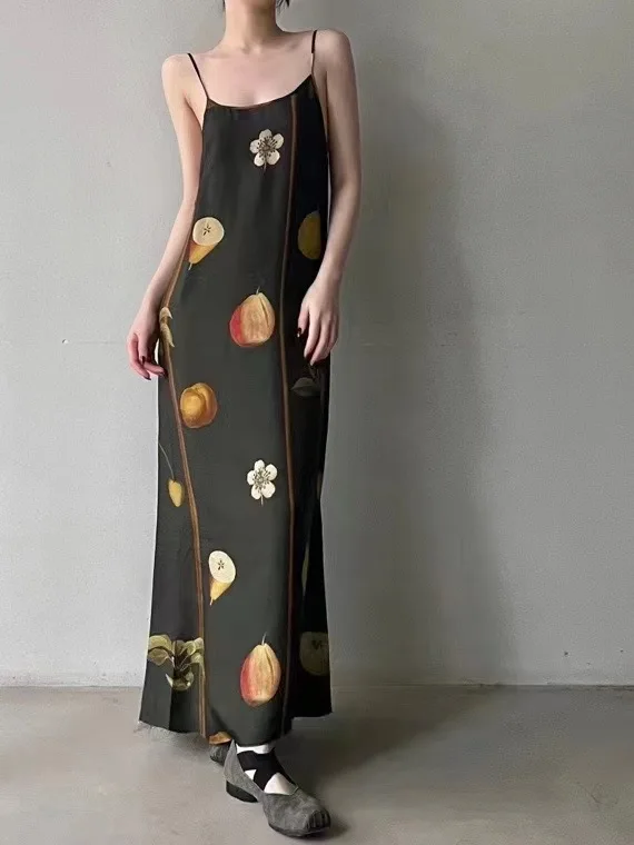 

Новинка лета 2023, женское универсальное платье с принтом фруктов и одним вырезом, регулируемые бретельки