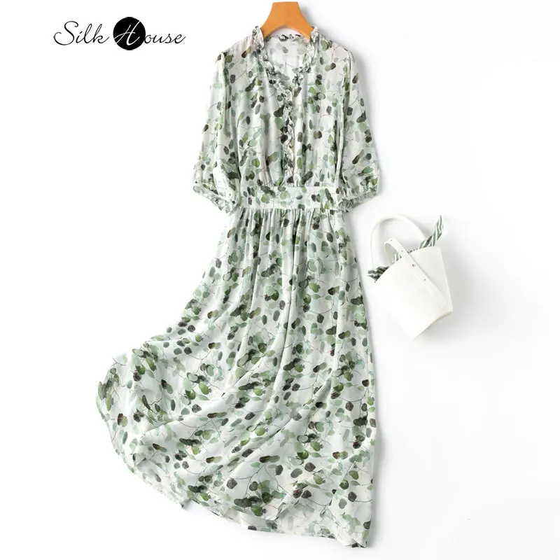 2023 Women's Fashion Spring/Summer New Silk Fungus V-Neck Lantern Sleeve Slim Fit Elegant Swing Medium Length Dress