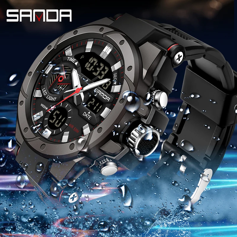 

Мужские многофункциональные водонепроницаемые электронные часы SANDA, модные трендовые цифровые наручные часы в военном стиле для студентов, 3313