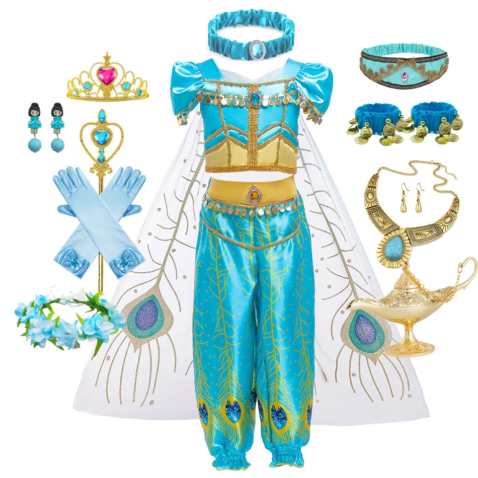 

Aladdin Dress Princess Girl Kid Jasmine Costume of Birthday Party Carnival Cosplay Magic Lamp Top Pants Headband Suit 2-10T