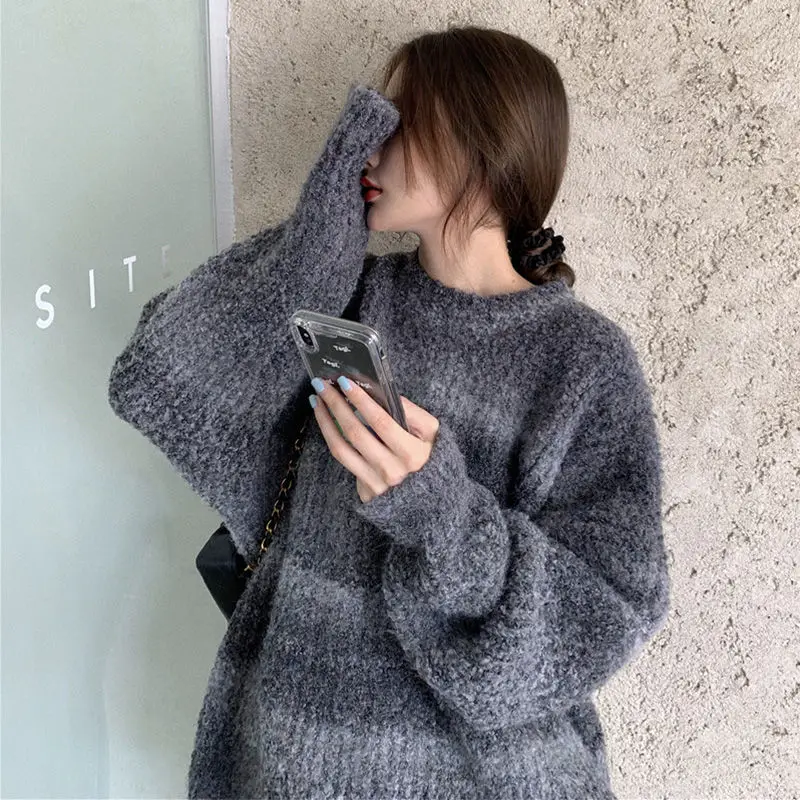 

Retro Japanese Thick Sweater Loose Lazy Female Outer Wear Tie-dye Gradient Color Winter New Women Knitted Sweater Sweater