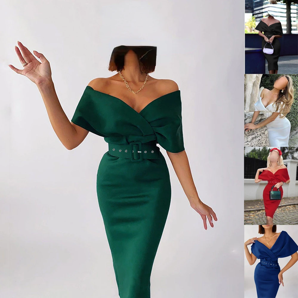 

2022 Spring and Summer New Women's Sexy Temperament Off-the-shoulder High-waist Dress V-neck Elegant Evening Dress