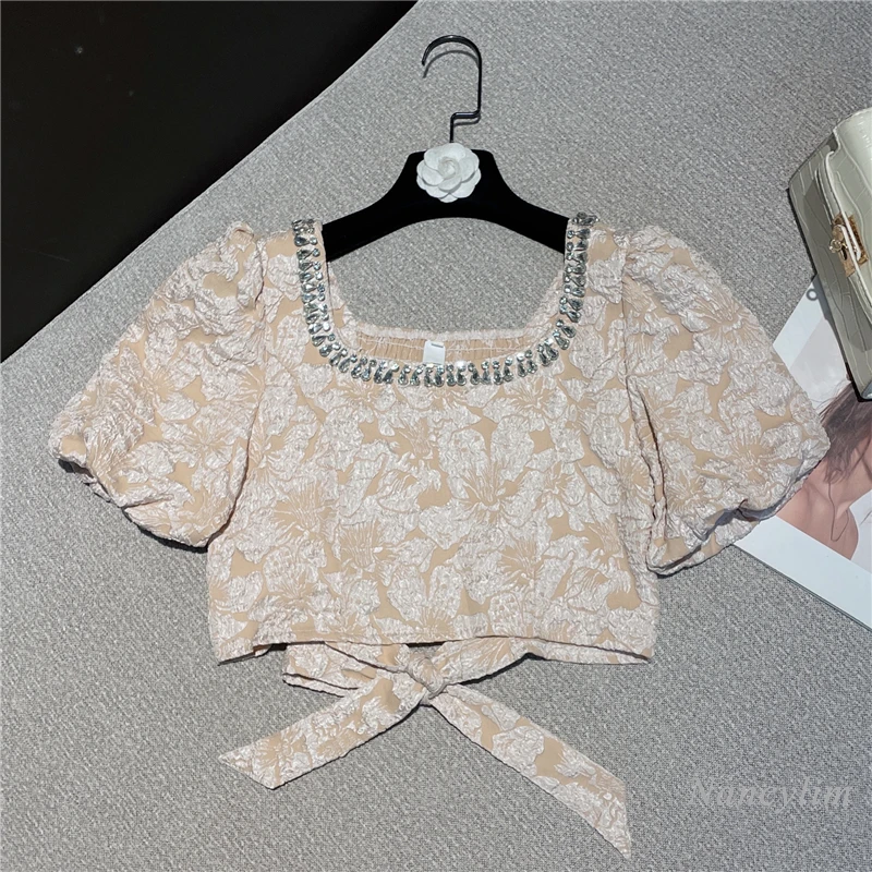 

2022 Summer Short Shirts for Woman New Stretch Waist Lace-up Rhinestone Edging Slimming Short Puff Sleeve Top Blusas Ladies