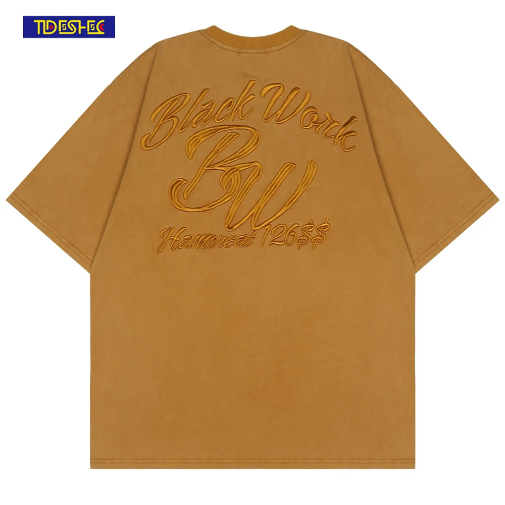 

Men's Streetwear Tshirt 2022 Summer T-shirt Cotton Washed Embroidered Letter T Shirt Oversized Casual Men Women Couple Tee Top