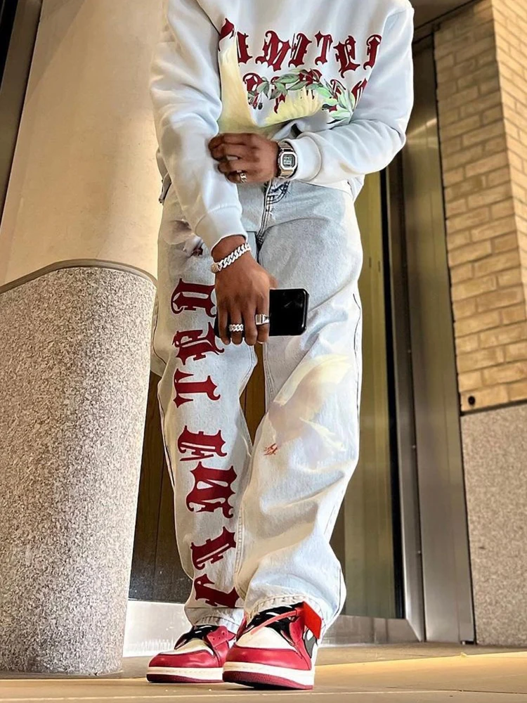 Printed Baggy Jeans For Men Vintage Light Blue Loose Fit Vaqueros Y2K Hombre Fashion Casual Distressed Wash Straight Denim Pants