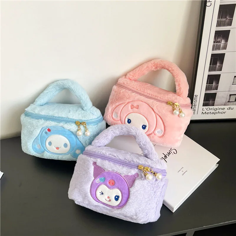 

Sanrio Kuromi Cosmetic Bag Anime My Melody Cartoon Cinnamoroll Student Travel Toiletries Plush Handbag Storage Box Toy Girls