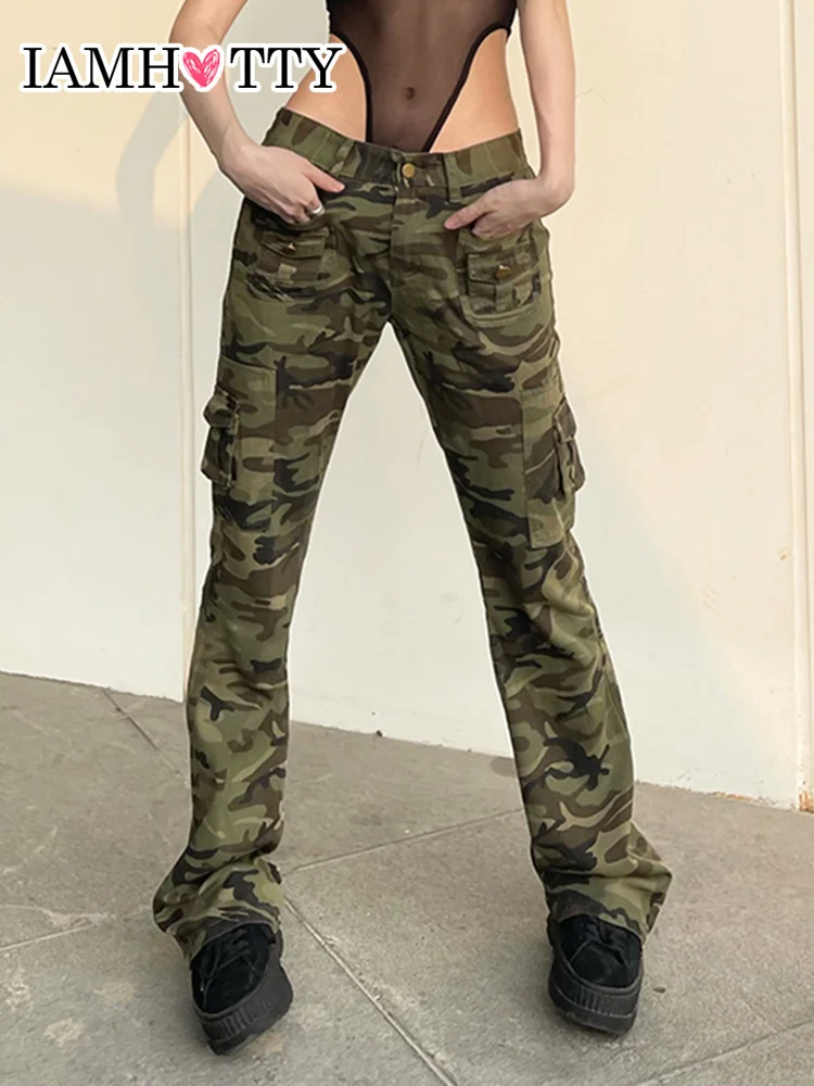 

IAMHOTTY Camouflage Stretchy Cargo Pants High Waist Straight Skinny Denim Trousers Vintage Grunge Streetwear Chic Punk Outfit