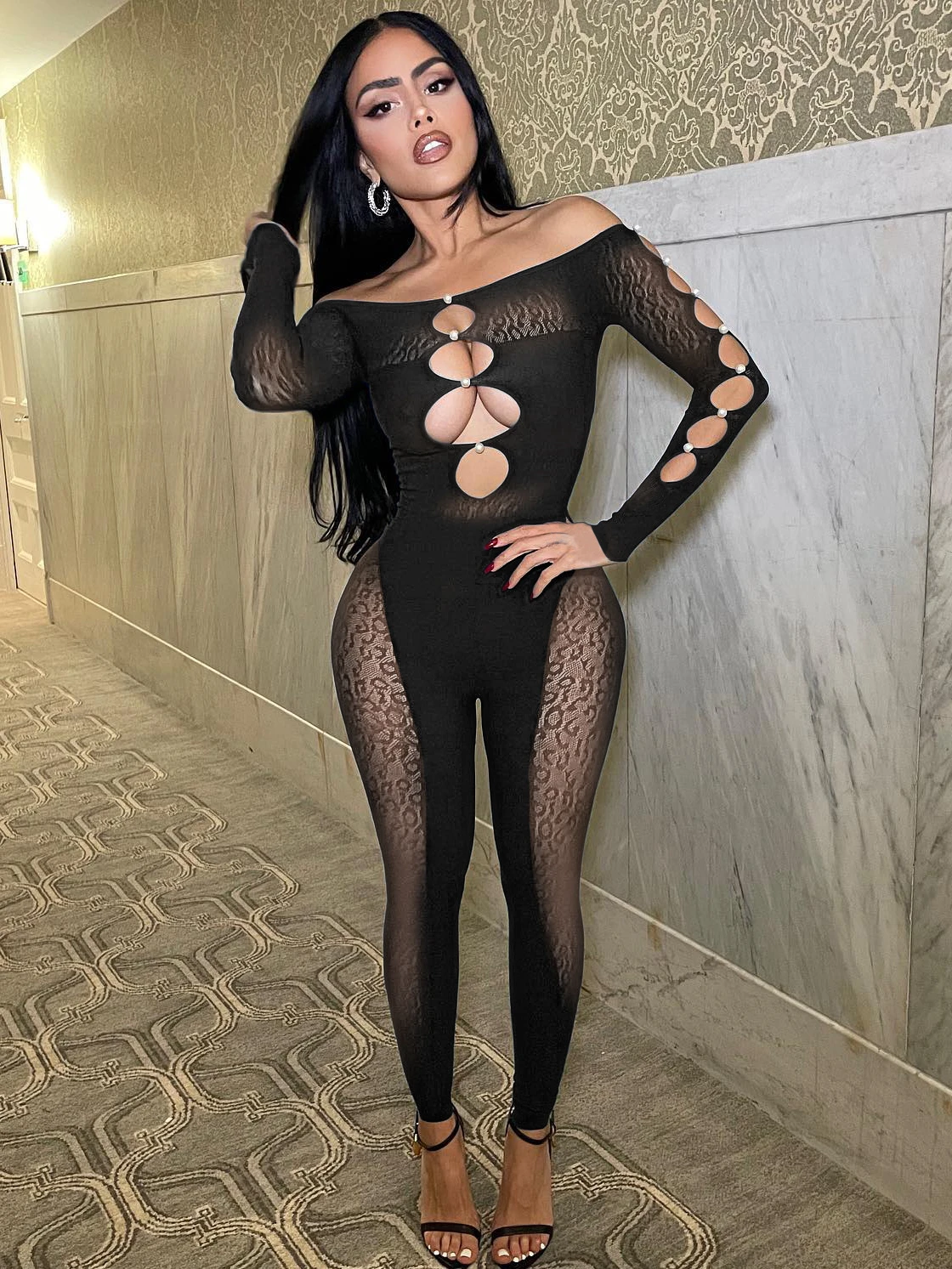 

Sexy 2022 Fall Women Slash Neck Off Shoulder See-through Mesh Patchwork PartyJumpsuit Long Sleeve Night Club Black Bodysuit