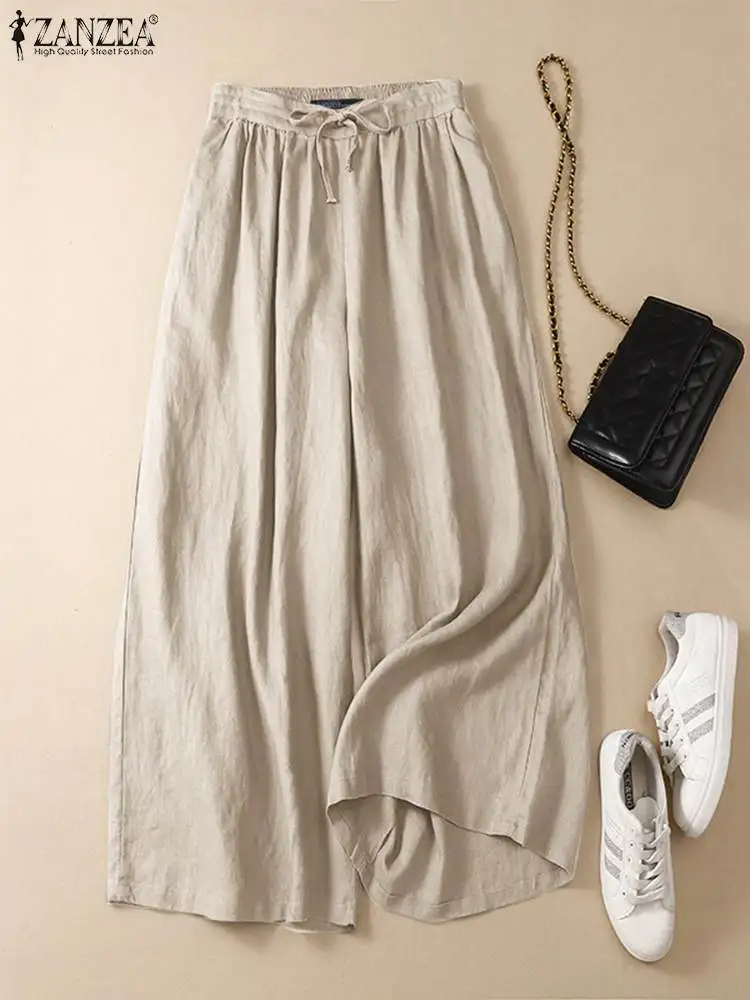 

Элегантные офисные брюки, женские повседневные широкие брюки ZANZEA, летние модные эластичные брюки палаццо на шнуровке с высокой талией