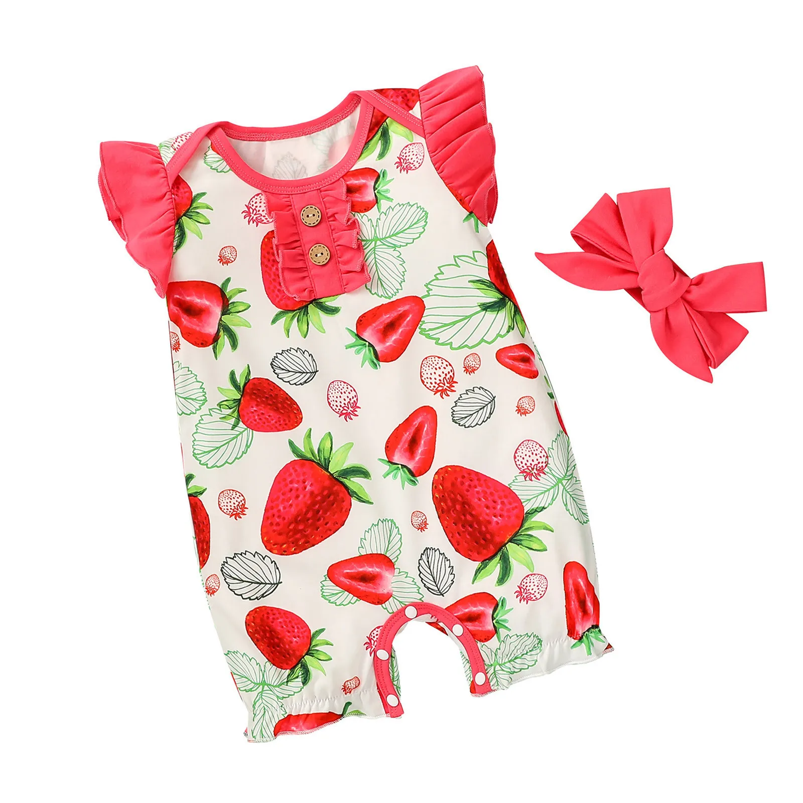

New Baby Girl Clothes Romper Summer Fruit Print Bodysuit Toddler Infant Flying Sleeve Buttons Jumpsuit