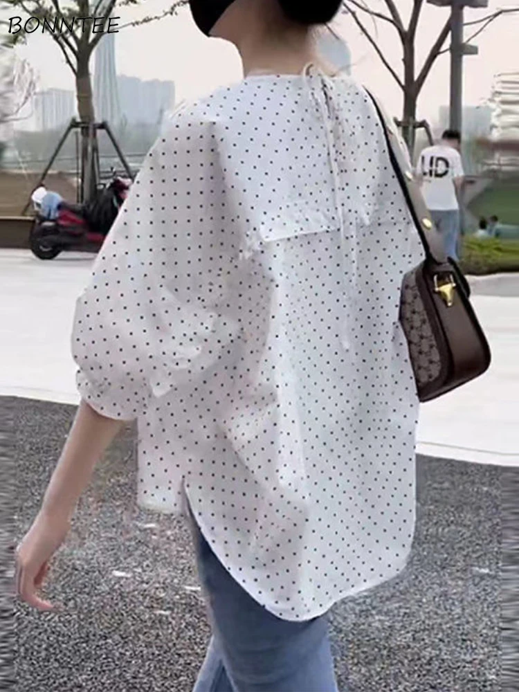 

Blouses Women Polka Dot Trendy Female Korean Style Loose Summer Young Lantern Sleeve Edible Tree Fungus Simple All-match Casual