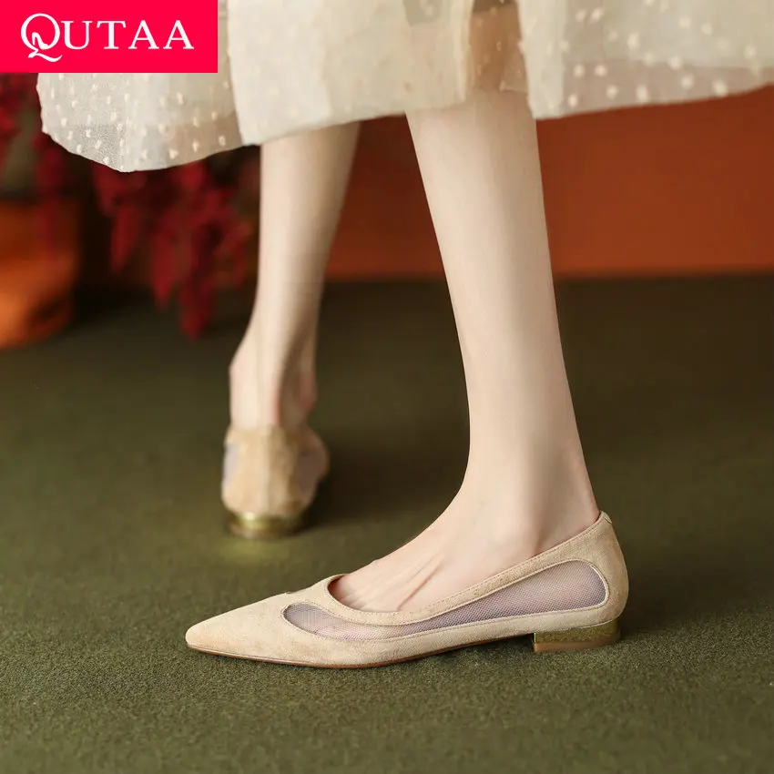 

QUTAA 2023 Women Genuine Leather Pumps Low Heels Comfort Mesh Casual Working Shoes Woman Spring Summer Newest Size 34-42