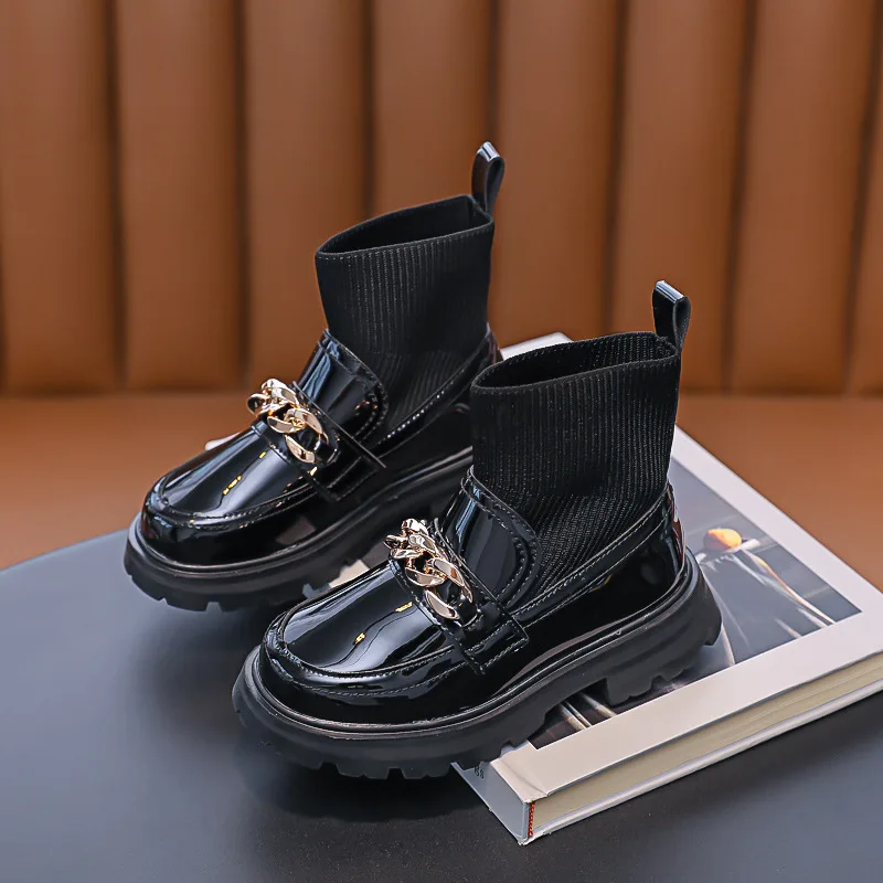 

2022 Kids Little Girls Boots Spring-Fall Kids Girls Boots Knitted Children's Short Boots PU Leather Waterproof Toddler Boots