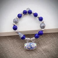 original sterling silver lapis lazuli bead bracelet female retro enamale drum lion bracelet women hand chain jewelry 2022 sl022