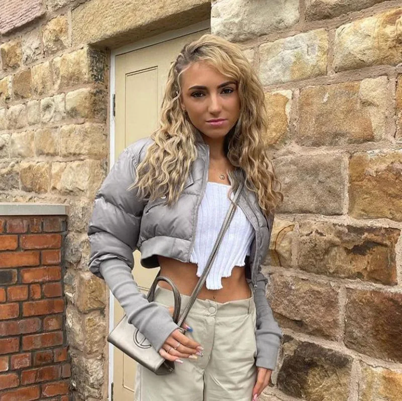 Sunny Winter Black Cropped Zip Solid Color Wth Pocket Paneled Long Sleeves Coat Women Clothes Puffer Jacket Women Parkas 2022